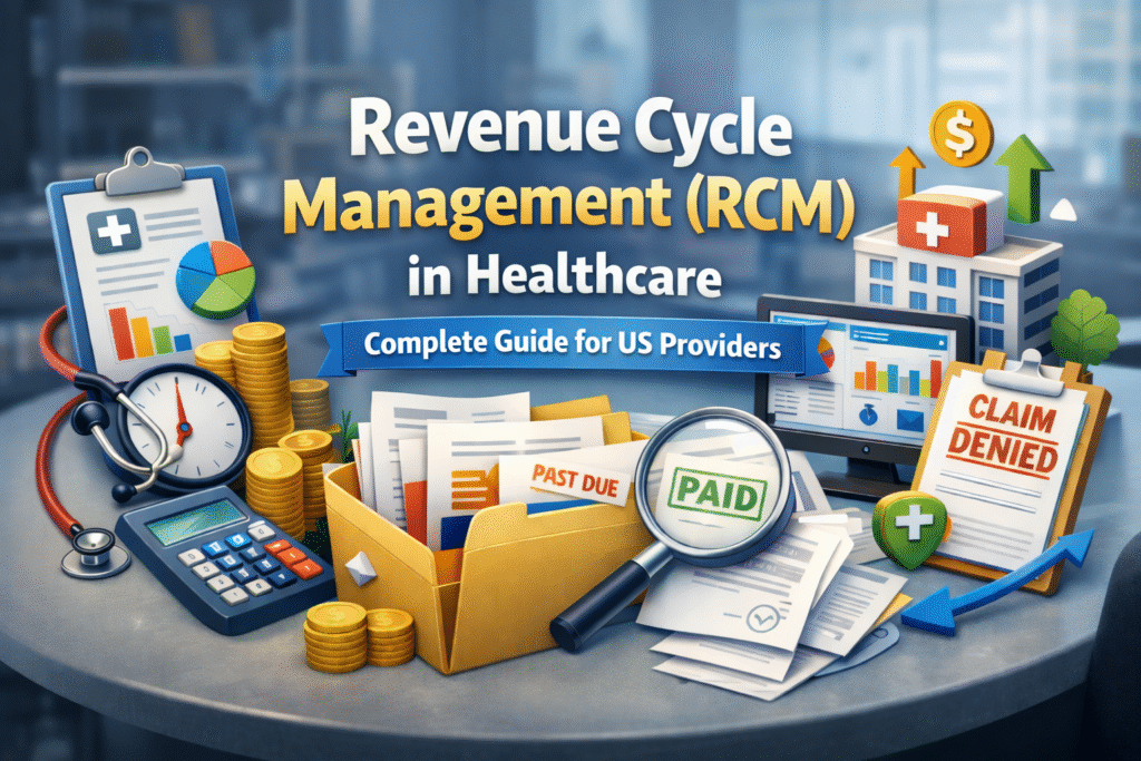 Revenue Cycle Management process in healthcare showing medical billing, claims, denial management, and accounts receivable workflow