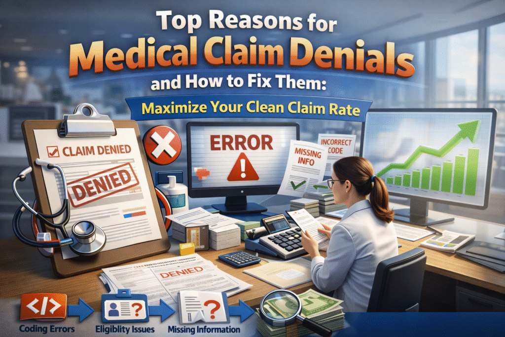 Medical billing specialist reviewing denied insurance claims in a US healthcare office with clean claim rate improvement chart on screen