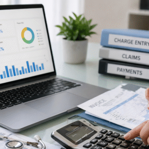 Medical billing outsourcing workspace with laptop, financial reports, and healthcare tools