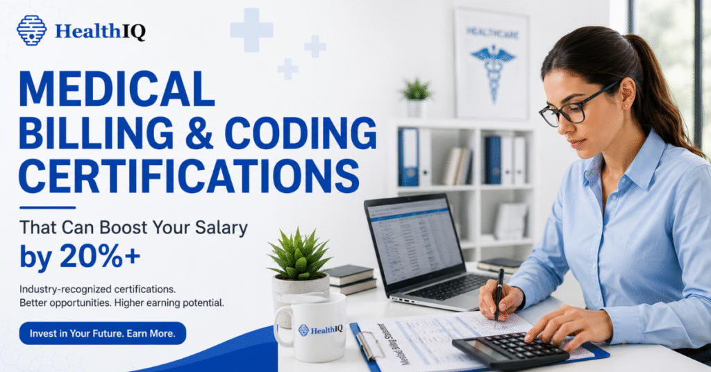 Professional woman working on medical billing and coding documents at a modern office desk with HealthIQ branding and healthcare certification career banner.